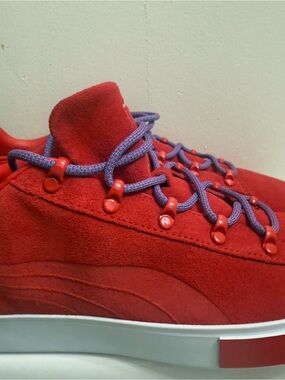 Puma Kids Red Suede Sneakers with Purple Laces